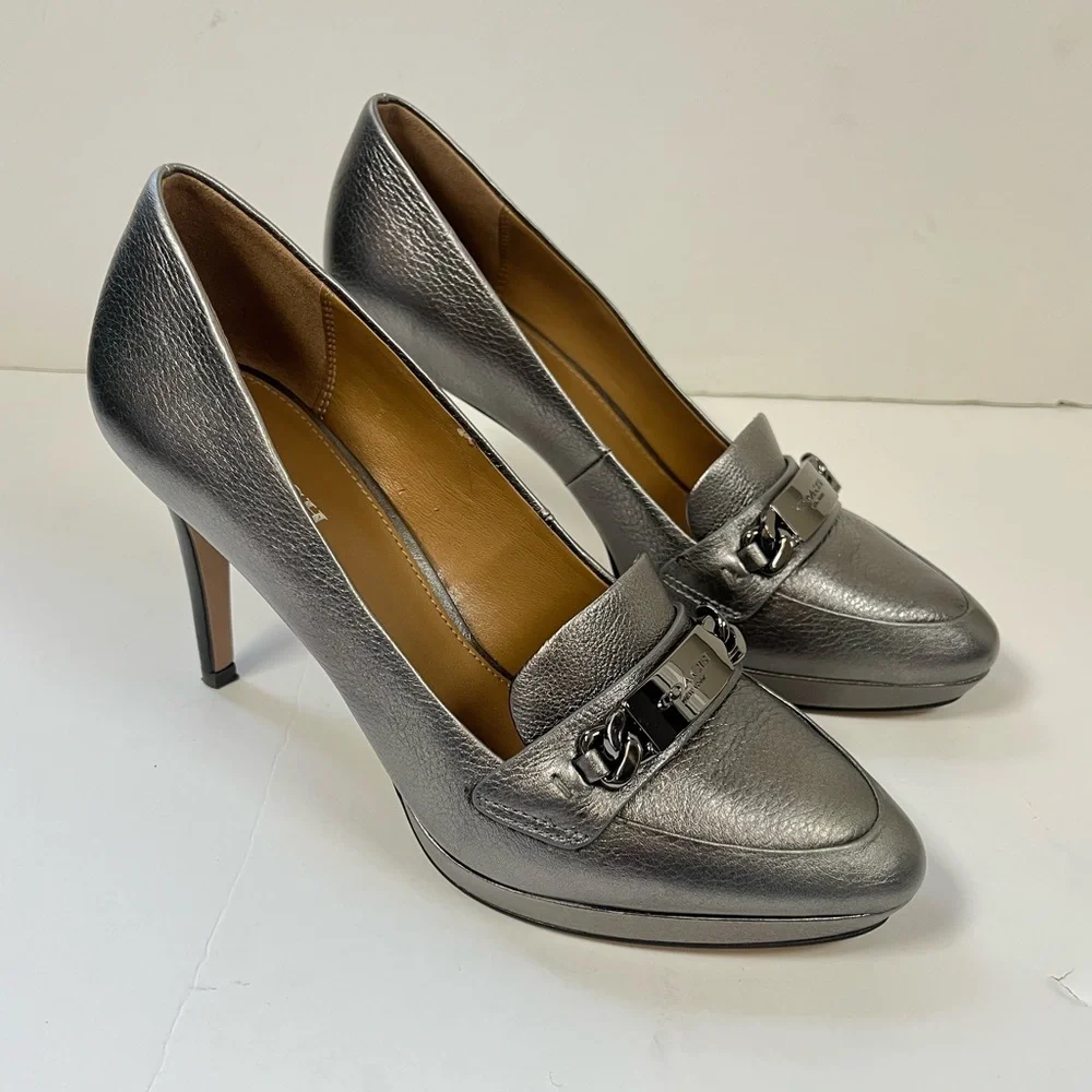 Coach Metallic Silver Leather Platform Loafers Size 6.5 B - Picture 2 of 12